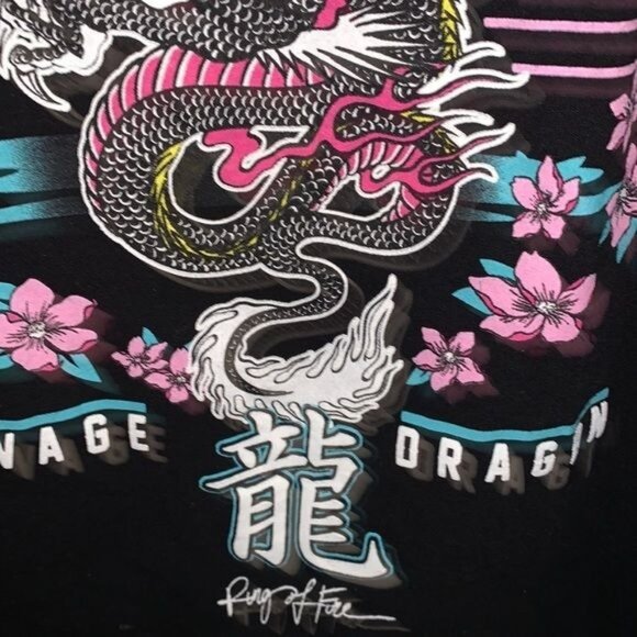 Ring Of Fire Savage Dragon Graphic T-Shirt Black Cherry Blossom Design S - Picture 4 of 8